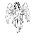 Cute girl with wings sitting sketch hand drawn in doodle style Vector illustration Royalty Free Stock Photo