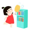 Cute girl wiping the dust from bookshelf .