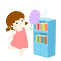 Cute girl wiping the dust from bookshelf .