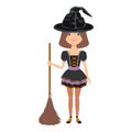 Cute girl in witch costume in black hat holds broom isolated on white background. Halloween decoration Royalty Free Stock Photo