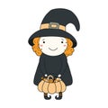 Cute girl in witch Halloween costume character illustration. Royalty Free Stock Photo