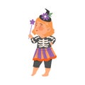 Cute Girl in Witch Halloween Costume, Little Child Dressed as Skeleton, Happy Halloween Party Festival with Kid Trick or Royalty Free Stock Photo