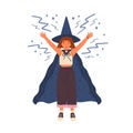 Cute girl in witch hat and cloak conjures. Young female wizard or sorcerer casts spell with raised hands. Young magician