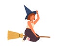 Cute girl in witch hat flying on broomstick. Happy female wizard or sorcerer sitting on magic broom. Young magician with Royalty Free Stock Photo