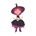 Cute Girl Witch Wearing Dress and Hat Decorated with Skull Bone Cartoon Style Vector Illustration