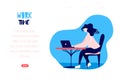 Cute girl working on a laptop in a cafe. Vector web page template. Freelance banner