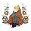 Cute girl wrapped in blanket with stacked tea cups, VECTOR illustration.