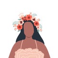 Cute girl in a wreath of flowers and leaves. Silhouette of young woman. Portrait