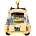 Cute girl. Yellow car on white background. Italian travel car