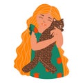 Cute girl with yellow long hair holding a brown cat in her arms. Happy pet owner. Vector Royalty Free Stock Photo