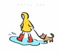 Cute girl in yellow raincoat walking the dog in rainy day Royalty Free Stock Photo