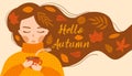 Cute girl in a yellow sweater drinks a cup of tea or coffee with autumn leaves. Hello autumn. Vector illustrations Royalty Free Stock Photo