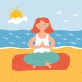 Cute girl in yoga pose on the sand beach. Practicing yoga and meditates on the seashore. Vector Royalty Free Stock Photo