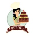 Cute girl or young woman baker holding a delicious chocolate cake. Vector character illustration.