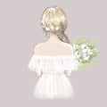 Cute girl, young woman, bride with a bouquet of peonies. Hand drawn illustration Royalty Free Stock Photo