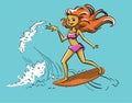 Cute girlfriend surf on big wave cool summer t-shirt print. Girl ride surfboard.