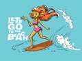 Cute girlfriend surfer cool summer t-shirt print. Girl ride surfboard on big wave