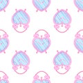 Cute girlish alarm clock. Pink glamour. Seamless pattern. Heart shape