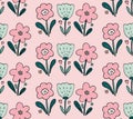 Cute girlish seamless pattern vector background with hand drawn floral elements - flowers and leaves in simple style in black ink Royalty Free Stock Photo