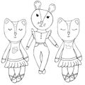 Cute girls animals in dresses with mom, vector set of elements, child drawing, coloring book for children