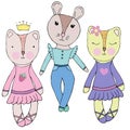 Cute girls animals in dresses with mom, vector set of elements, child drawing