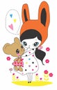 cute girls bunny with teddy t shirt print vector art Royalty Free Stock Photo