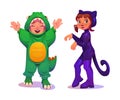 Cute girls in dinosaur and black cat costumes Royalty Free Stock Photo