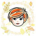 Cute girls face, human head. Vector redhead character, smiling