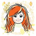 Cute girls face, human head. Vector redhead character, smiling g