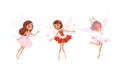 Cute Girls Fairies with Wings Set, Lovely Girls Flying in Colorful Pretty Flower Dresses Cartoon Vector Illustration