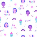 Cute girls and feminist quotes. Seamless pattern