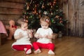 Cute girls in front of decorated Christmas tree Royalty Free Stock Photo