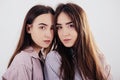 Cute girls looking into the camera. Two sisters twins standing and posing in the studio with white background Royalty Free Stock Photo