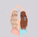 Cute girls make heart with their hand. Pretty hair design. Happy friendship concept.