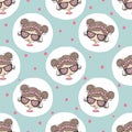 Cute girls pattern. Seamless polka dot background with girl faces