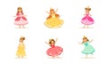 Cute Girls in Princess Dresses Set, Princesses with Crowns in Elegant Colorful Evening Gowns Cartoon Vector Illustration Royalty Free Stock Photo