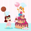 Cute girls in room with huge candy pop and girl with lollipop near huge cake. Cheerful cartoon illustration. Royalty Free Stock Photo