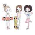 Cute girls with skateboards. Vector illustration