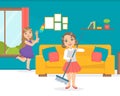 Cute Girls Sweeping the Floor and Cleaning Furniture with Microfiber Feather Duster at Home, Children Doing Household Royalty Free Stock Photo