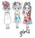 cute girls three friends print print vector art Royalty Free Stock Photo