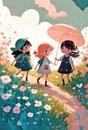 Cute girls walking in a field of flowers. Digital watercolor illustration Royalty Free Stock Photo