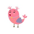 Cute girly bird with ponytails. Pink bird character in cartoon style