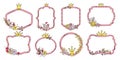 Cute girly frames. Princess decorations with royal crowns and flowers. Love heart. Birthday party. Blooming plants