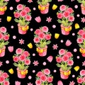 Cute girly seamless pattern with watercolor flowers. Drawing of a flower pot with stylized roses. Royalty Free Stock Photo