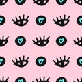 Cute girly seamless pattern drawn by hand. Repetitive print with doodle eyes and hearts.