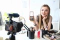 Cute Glamour Vlogger Filming Beauty Blog Tutorial