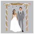 Cute glamour wedding couple Illustration. Bride and Groom isolated in vector. Elegant dresses cartoon illustration Royalty Free Stock Photo