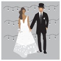 Cute glamour wedding couple Illustration. Bride and Groom isolated in vector. Elegant dresses cartoon illustration