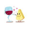Cute glass of wine and cheese characters are best friends, vector Illustration