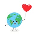 Cute globe character with red heart balloon